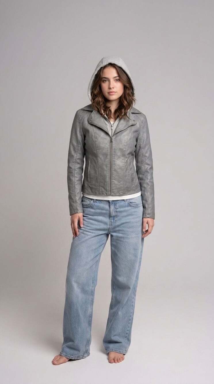 a.n.a Women's Gray Faux Leather Motorcycle Jacket with Removable Hood